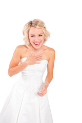 Fototapeta na wymiar A beautiful blonde young bride isolated on white background.