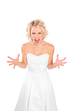 An angry blonde young bride isolated on white background.
