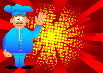 Fat male cartoon chef in uniform with waving hand. Vector illustration.