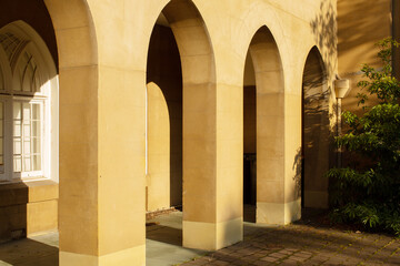 Arches along the front of a church building