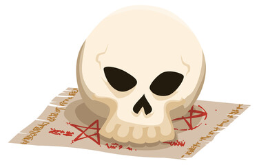 Mad Skull over Scroll with Mysterious Spells, Vector Illustration