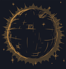 Disco Ball with Glows and Stars in Hand Drawn Style , Vector Illustration