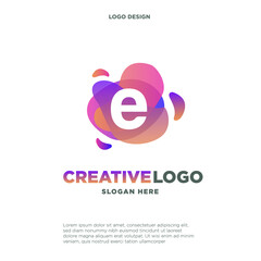 Letter E logo with colorful splash background, letter combination logo design for creative industry, web, business and company.