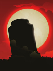 Red Night with Full Moon and Dark Silhouette of Grave, Vector Illustration