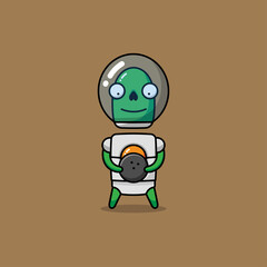 Green alien carrying bowling ball