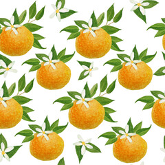 Watercolor hand drawn seamless pattern illustration of bright orange tangerine mandarine citrus fruits with vibrant green leaves flowers. For food organic vegetarian labels, packaging. Natural design