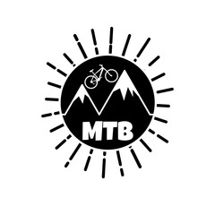 Silhouette of mountain bike symbol inside a circle with sunburst light, mountain symbol and MTB letters. Suitable for backgrounds, logos, icons, t-shirts, badges, stickers and emblems.