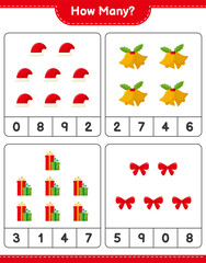 Counting game, how many christmas decoration educational children game, printable worksheet, vector illustration