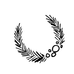 Hand-drawn simple vector drawing in black outline. Christmas wreath, round frame of coniferous branches, berries. For New Year's design, labels, postcards, shop. Ink sketch.