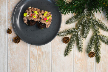 Hedgehog cake, Christmas food concept, idea of holiday food for children