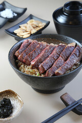 A piece of A5 Hida beef on top a rice bowl