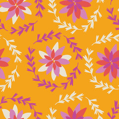 Orange with whimsical white, pink and violet flower elements seamless pattern background design.