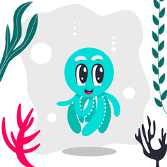 cute smiling friendly octopus swims, children concept