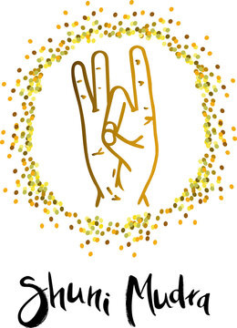 Shuni Mudra - gesture in yoga fingers. Symbol in Buddhism or Hinduism concept.Mudra breeds awareness of our inner divine "I" and contributes to life in the moment  Vector illustration.