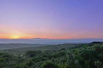 Fototapeta na wymiar Dawn over the Great Rift Valley. A dense jungle stretches to the horizon. The sun rises from behind the mountains and colors the lilac sky with golden hues. Kenya.