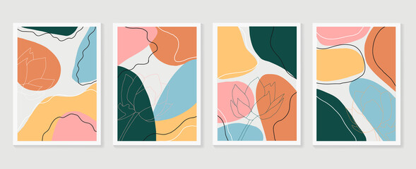 Fototapeta premium Lotus wall art vector set. Earth tone boho foliage line art drawing with abstract shape. Abstract Plant Art design for print, cover, wallpaper, Minimal and natural wall art..