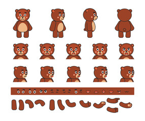 Cute chibi brown bear creation kit. Create your own pose, action, animation. Vector illustration