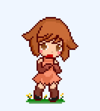 16 bit pixel cute anime girl image. Little girl in vector illustration