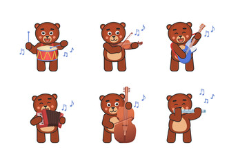 Fototapeta premium Set of cute bear characters playing on various music instruments. Chibi bear with drum, violin, guitar, flute, accordion, double bass. Vector illustration