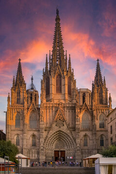 Gothic Cathedral of the Holy Cross and Saint Eulalia, or Barcelona  Cathedral in Spain, seat of the Archbishop at sunset Stock Photo | Adobe  Stock