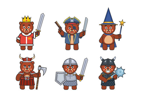 Set of cute bear wearing various medieval costumes. Bear king, pirate, wizard, viking, knight, black knight. Vector illustration