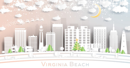 Virginia Beach Virginia City Skyline in Paper Cut Style with Snowflakes, Moon and Neon Garland.