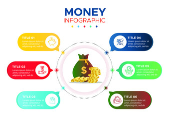 Money plan Infographic template. Colorful shapes presentation design with numbers 6 options or title. vector illustration