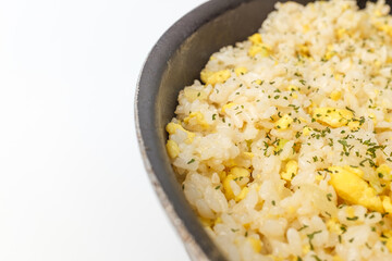 Fried rice with egg on white background