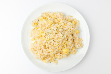 Fried rice with egg on white background