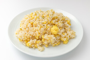 Fried rice with egg on white background