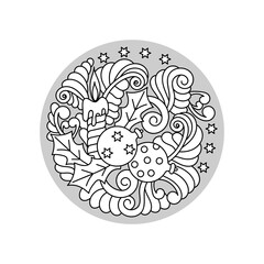 Hand-drawn Doodle round illustration. Christmas items and elements . Holiday background.