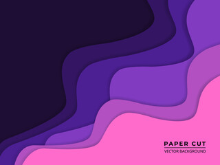 Purple paper cut abstract background. Violet and pink wavy paper layers on a dark violet background.