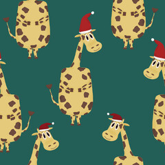 Christmas seamless pattern with smiling giraffes with Santa hats on a green background