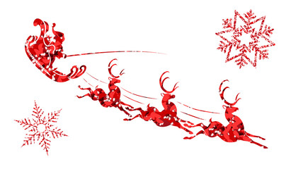 Textured silhouette of Santa Claus on a sleigh with reindeer and red snowflakes