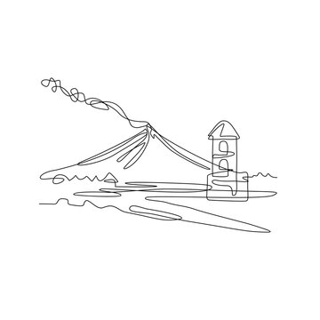 Mayon Volcano or Mount Mayon with Cagsawa Church Bell Tower Ruins Continuous Line Drawing