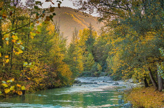 The lazily flowing Val Bidente river blends in with the autumn colors of the surrounding forest.