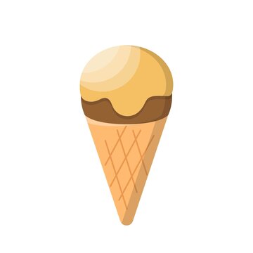 Yellow round ice cream with cone, fruit flavor, cartoon comic illustration