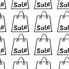 Vector seamless pattern with inscriptions and symbols Sale. Hand drawn background and texture on theme of Black Friday, discounts, shopping and special offers