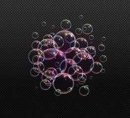 Bath foam soap with neon bubbles isolated vector illustration on transparent background. Colorful cloud of blowing bubbles and soapy foam.