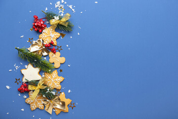 Beautiful Christmas composition with cookies on color background