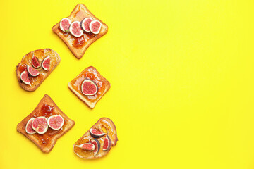 Tasty sandwiches with sweet fig jam on color background
