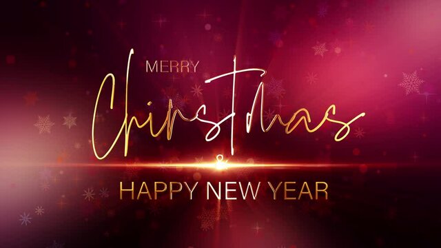 Merry Christmas and Happy new year golden shining lettering with beautiful flare light and light leak with calling snowflake particles background. 4K seamless looping Christmas New Year festive title.