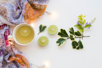 herbal mix honey lemon hot healthy drinks for sore throat with scarf of lifestyle woman relax in...
