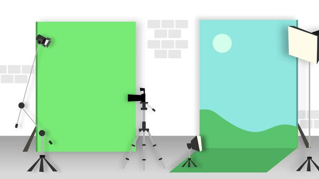 animated cartoon videos, animated videos depicting a photo studio room. Complete with background, lighting equipment, and camera.