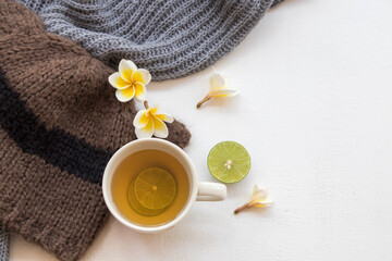  knitting wool hat ,scarf of lifestyle woman relax in winter season and hot lemon honey healthy...