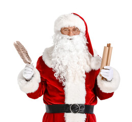 Santa Claus with letter and feather on white background
