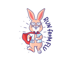 The Easter bunny is a doctor - super hero. Cartoonish rabbit is running with a phrase - Run from flu. Good for t-shirts, cloth designs, stickers, etc. This is a vector illustration