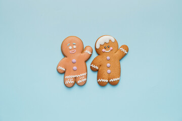 Tasty gingerbread cookies on color background