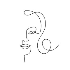 One line drawing woman face. Continuous line abstract vector portrait