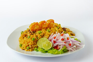 Peruvian food, seafood rice with onion, and lemon.